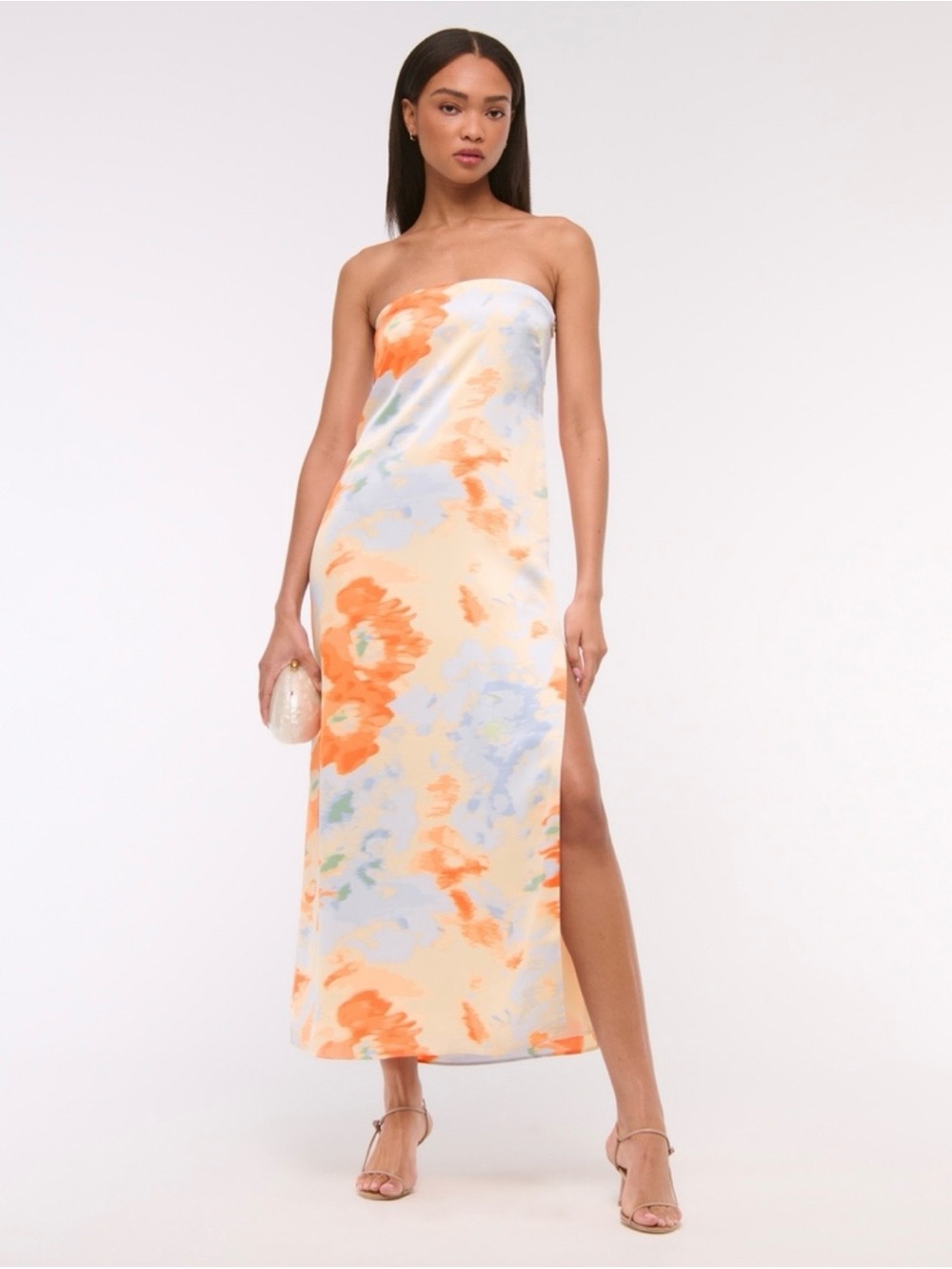 Abercrombie and Fitch Strapless satin Orange Floral Midi Dress